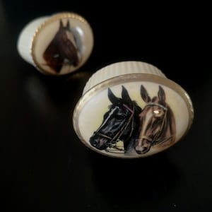 May include: Two decorative ceramic knobs with horse portraits. One knob features a single brown horse head, while the other displays two horse heads, one black and one brown, with gold trim.