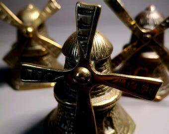 Vintage Brass Windmill Bells – Set of 3 – Dutch Style Decorative Bells – Cottagecore Farmhouse Decor