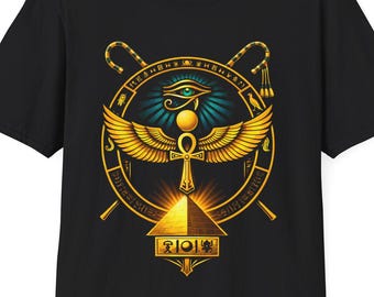 Camiseta com Símbolo Sagrado Egípcio - Olho de Hórus, Ankh Alado e Pirâmide - Camiseta Mística do Antigo Egito - Design da Mitologia Egípcia