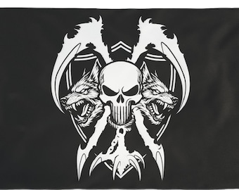 Dwustronna flaga z czaszką wilka, wojownika ekologicznego - sztandar obrońcy natury - strażnika mrocznego lasu - wojownika ekologicznego - sztandar gotyckiego wilka