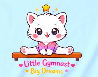 Koszulka gimnastyczka dla dziewcząt - idealny prezent dla młodych gimnastyczek - uroczy t-shirt z kociakiem kawaii