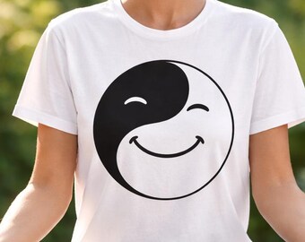 Koszulka z uśmiechem Yin Yang – koszulka z symbolem równowagi zen, koszulka z medytacją Yin Yang, minimalistyczna koszulka do jogi duchowej