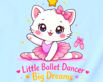 Koszulka baletowa dla dziewczynek – idealny prezent dla małych tancerek – uroczy, kawaii, kociakowy T-shirt baletowy