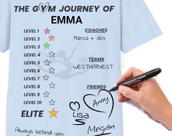 Spersonalizowana koszulka z motywem podróży gimnastycznej – idealny prezent dla młodych gimnastyczek – koszulka z nadrukiem Level Progress Tracker, koszulka z podpisem trenerów i przyjaciół