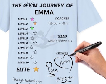 Spersonalizowana koszulka z motywem podróży gimnastycznej – idealny prezent dla młodych gimnastyczek – koszulka z nadrukiem Level Progress Tracker, koszulka z podpisem trenerów i przyjaciół