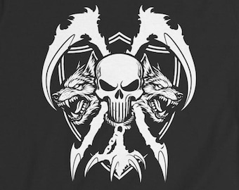 Koszulka damska Eco Warrior Skull - Mroczny emblemat lądowy - Wilczy hak z kosami - Symbol lądowego banity - Koszulka z nadrukiem na plecach - Outlaw