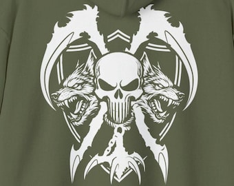 Bluza z kapturem Eco Warrior Skull - Mroczny emblemat lądowy - Wilczy hak z kosami - Symbol lądowego banity - Bluza z nadrukiem na plecach - Outlaw