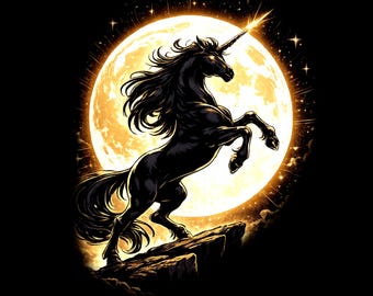 Camiseta, moletom com capuz, blusa de moletom, camiseta de manga comprida, cropped e regata com estampa de unicórnio na lua – Design de fantasia com unicórnio na lua – Estampa de unicórnio preto