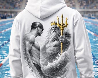 Bluza z kapturem Elite Mind – Pływak kontra bóg morza – Czarno-biała bluza z mitologii ze złotymi zdobieniami – Premium dla mężczyzn – Unisex Heavy Blend™