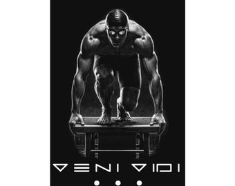 Plakat dla pływaka skupionego na BW, nastawienie na rywalizację, cytat VENI VIDI, plakat motywujący do treningu, prezent dla pływaka