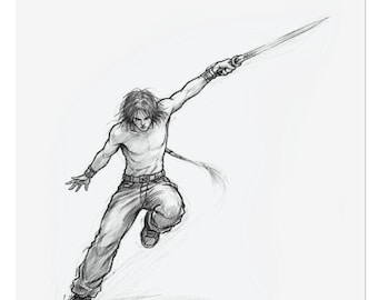 Plakat ze szkicem ołówkowym wojownika – studium postaci gestu – minimalistyczny wydruk artystyczny fantasy – rysunek grafitowy – dekoracja ścienna ze szkicem artysty