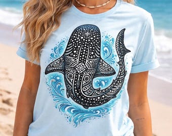 Koszulka z tatuażem rekina wielorybiego polinezyjskiego – wzór totemu oceanicznego – koszulka z rekinem wielorybim w stylu maoryskim – zwierzę morskie