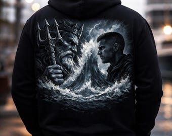 Bluza z kapturem Poseidon kontra Sailor - Storm Duality Artwork - Bluza Mythology Ocean - Ciemnogranatowa, czarna bluza z nadrukiem