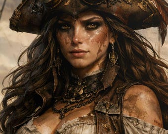 Steampunkowa piratka – Mroczne fantasy | Silna postać kobieca, plakat ścienny w industrialnym, marynistycznym stylu – zwinięty