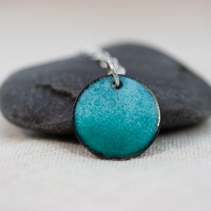 Turquoise blue enamel disc pendant, bright blue enamel circle necklace on a Sterling silver chain, perfect Christmas gift for her