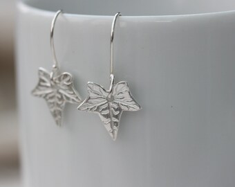 Recycled Silver Ivy Leaf earrings, leaf drop earrings, ivy earrings, nature jewellery, oxidised silver leaf earrings, nature gift for her