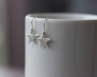 Silver Sparkly Stars Drop Earrings, Star earrings, Silver star earrings, gift for her, recycled silver star earrings,