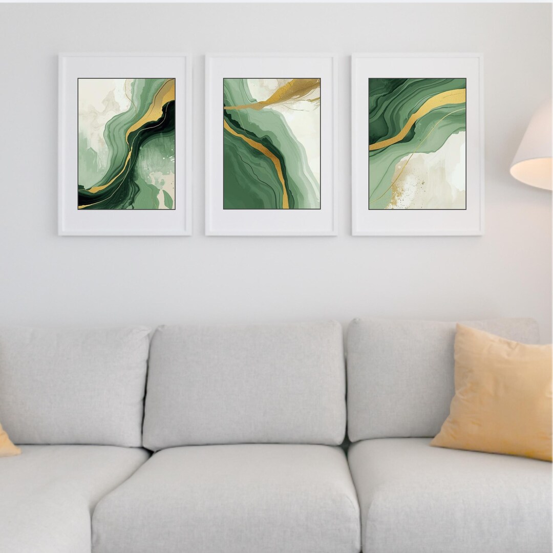 Sage Green Abstract Wall Art Set of 3, Emerald Green and Gold Printable ...