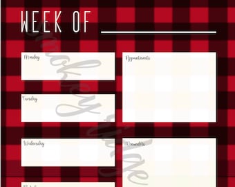 Red Buffalo Check Weekly Planner JPEG, Digital File, Weekly Organizer, Calendar, Monday-Sunday Undated Schedule, JPEG Instant Download