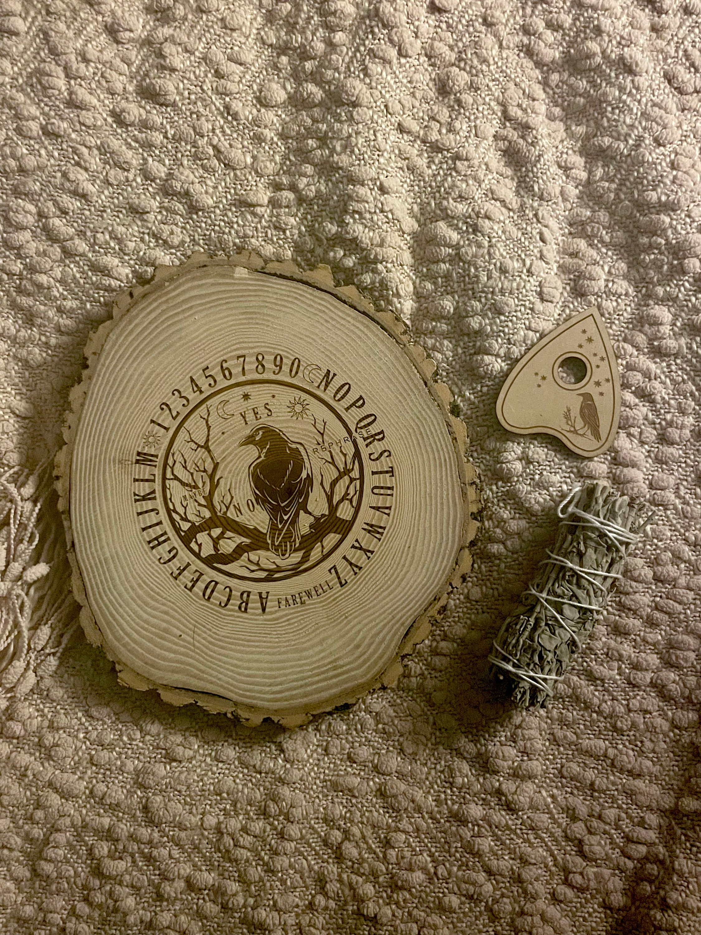Log Slice Spirit Board with Planchette and Sage - Image 1