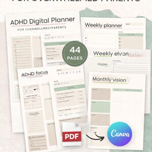May include: Digital ADHD planner for overwhelmed parents. The planner includes 44 pages with sections for weekly and monthly planning, time blocking, and a money tracker. The planner is available in PDF format and can be edited in Canva.