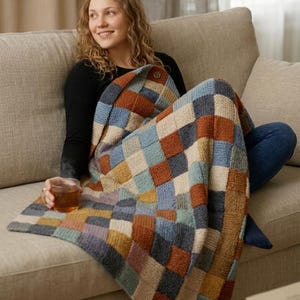 Può includere: Una coperta lavorata a maglia con un motivo a quadri multicolore nei toni del blu, marrone, beige e grigio. La coperta è drappeggiata su una persona seduta su un divano beige. Un bottone è visibile. La persona tiene in mano un bicchiere di tè.