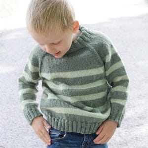 May include: A long-sleeve knit sweater featuring horizontal stripes in alternating shades of sage green and light mint green. The garment has a ribbed crew neckline, ribbed cuffs, and a ribbed hem, constructed with a raglan sleeve design.