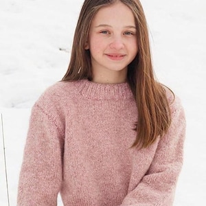 Peut inclure: Un pull à manches longues et col rond dans une teinte rose poudré chiné. Le vêtement présente une texture en maille classique avec des finitions côtelées au niveau de l'encolure et des poignets, offrant un design simple et fonctionnel.