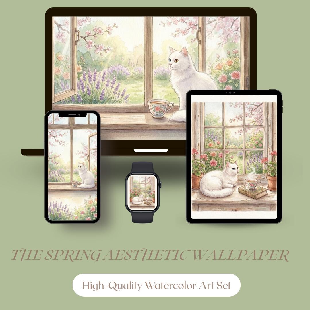 White Cat Spring Wallpaper Bundle, Cozy Floral Desktop Background, Cute ...