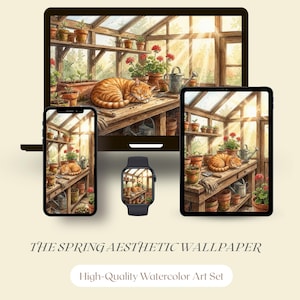 May include: Watercolor art set featuring a cozy greenhouse scene with a sleeping orange tabby cat on a wooden table. The scene is displayed on a laptop, phone, tablet, and smartwatch. Text: "THE SPRING AESTHETIC WALLPAPER" and "High-Quality Watercolor Art Set".