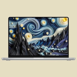 Puede incluir: Un portátil plateado muestra una colorida representación artística de "La noche estrellada" de Van Gogh. La obra presenta pinceladas azules y blancas arremolinadas, estrellas amarillas y siluetas de montañas oscuras.