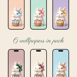 Puede incluir: Seis fondos de pantalla para teléfono con un conejito blanco con un lazo colorido y una cesta de huevos de Pascua. Cada conejito está sobre un fondo pastel. Se muestra el texto "6 wallpapers in pack".