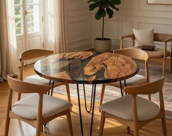 Handmade Epoxy Wood Coffee Table: Smoked Black Epoxy Resin, Metal Legs