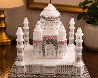 Handmade Taj Mahal Marble Inlay Decor | White Marble Taj Mahal Replica | Luxury Tabletop Sculpture | Home & Office Decorative Accent