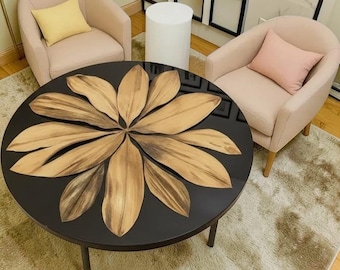 Artistic Wooden Flower Coffee Table | Modern Round Black Table | Unique Handmade Home Decor Furniture