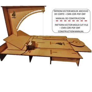 Peut inclure: Un fichier de découpe de moule en bois avec un design unique, comprenant un dessus incurvé et diverses formes géométriques. Le texte sur l'image indique "PATTERN VECTOR MOLD CUT FILE - CMX-CDR-PDF-DXF CONSTRUCTION MANUAL".