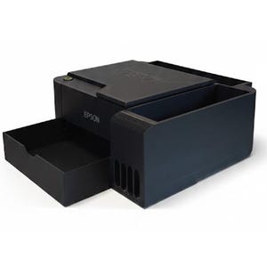 May include: A black Epson printer with a pull-out tray and a large ink reservoir. The printer has a flat top and the Epson logo is visible on the side. The design is modern and compact.