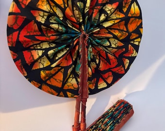 Abanico de mano con estampado Ankara, mango de cuero, Kente de Ghana, hecho a mano, decoración de pared