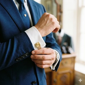 May include: A navy blue suit jacket with a white dress shirt featuring a square gold cufflink with a textured, brushed metal finish. The cufflink has a distinct geometric pattern and a metallic sheen, secured on the white shirt cuff.