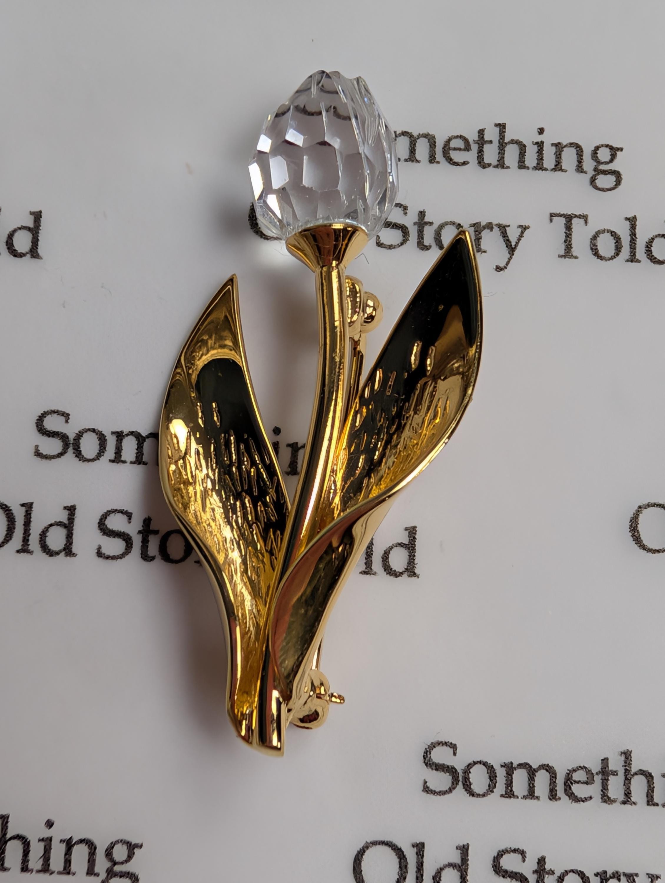 Vintage Swarovski Crystal Tulip Brooch, Gold Tone Flower Pin, Swan