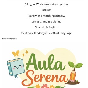 Puede incluir: Un cuaderno de trabajo bilingüe para jardín de infancia titulado "Las vocales / The vowels." La portada presenta el texto "Aula Serena" en verde y naranja, junto con un libro sonriente, un lápiz con hojas y una mariposa.