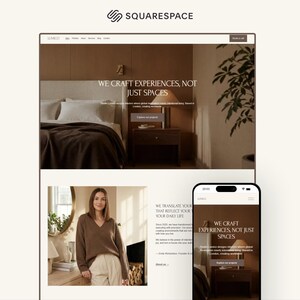 May include: A Squarespace website interface displayed on a desktop monitor and a smartphone screen. The design features a brown colour palette, serif typography, and text that reads WE CRAFT EXPERIENCES, NOT JUST SPACES and WE TRANSLATE YOUR VISION.