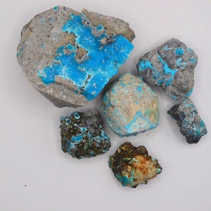 May include: A collection of six raw, unpolished mineral specimens featuring vibrant turquoise-blue deposits embedded within rough, grey and brown rocky matrix stones. The stones vary in size and shape, displaying natural textures and mineral inclusions.