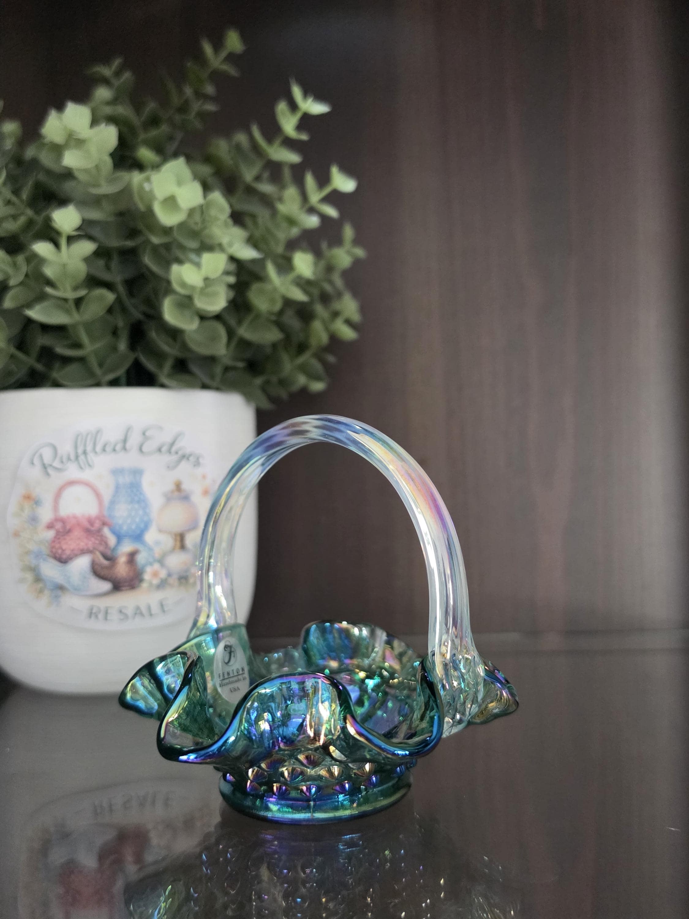 Fenton Green Opalescent Mini Basket - Etsy