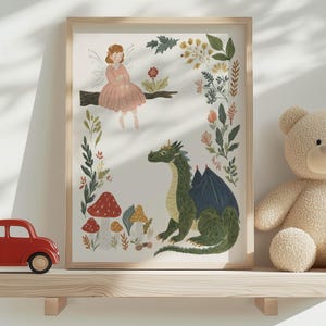 A whimsical illustration of a pink-dressed fairy sitting on a branch above a green dragon, surrounded by red and yellow mushrooms and green foliage, on a light background.