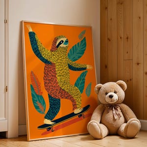 May include: A framed art print featuring a colorful illustration of a sloth riding a skateboard against an orange background. The sloth is depicted in yellow, blue, and red hues, with green leaf accents. A plush teddy bear sits nearby.