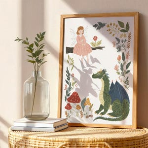 A whimsical illustration of a pink-dressed fairy sitting on a branch above a green dragon, surrounded by red and yellow mushrooms and green foliage, on a light background.
