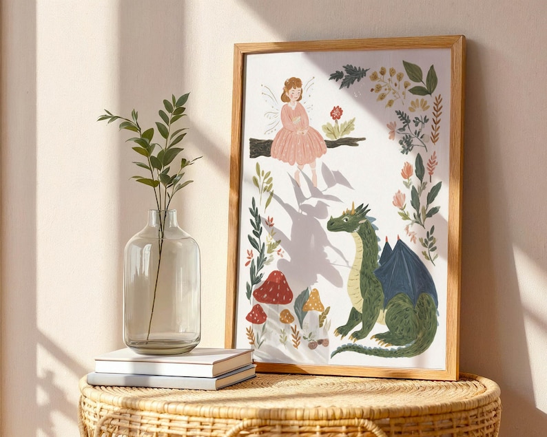 A whimsical illustration of a pink-dressed fairy sitting on a branch above a green dragon, surrounded by red and yellow mushrooms and green foliage, on a light background.