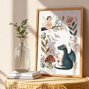 A whimsical watercolor illustration featuring a gentle fairy with golden wings sitting on a tree branch, a friendly teal dragon, red spotted mushrooms, and various botanical foliage against a light background.