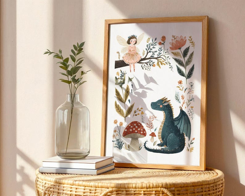 A whimsical watercolor illustration featuring a gentle fairy with golden wings sitting on a tree branch, a friendly teal dragon, red spotted mushrooms, and various botanical foliage against a light background.